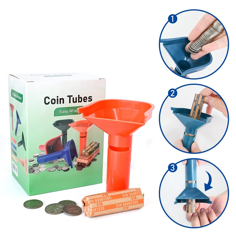 Coin Roll Wrappers, 150 Assorted, 4 Sorting Tubes, Striped, Multicolor