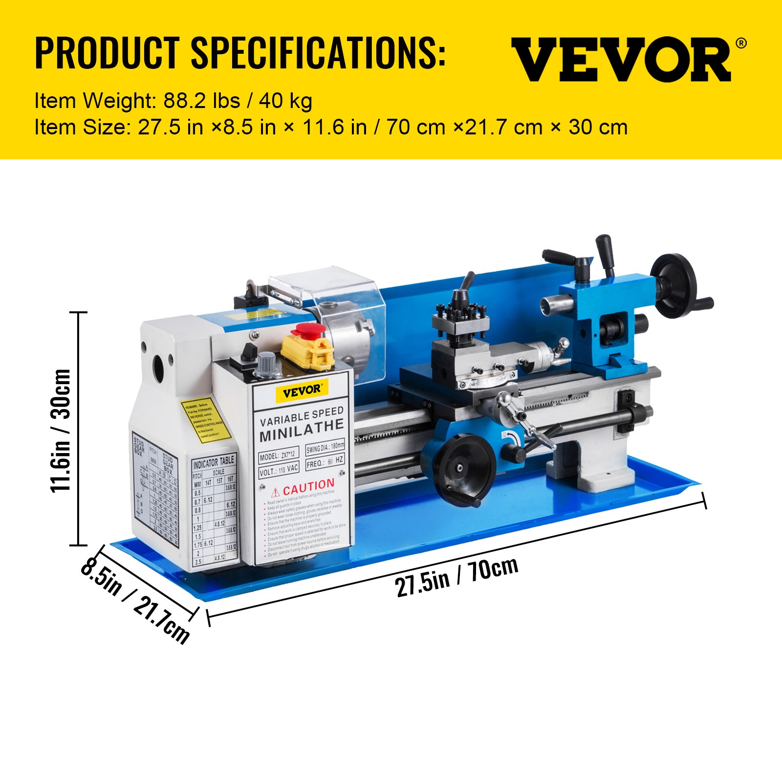 VEVOR Bench Top Mini Metal Milling Lathe 7x12 Variable Speed 0-2250 RPM w/ Lamp