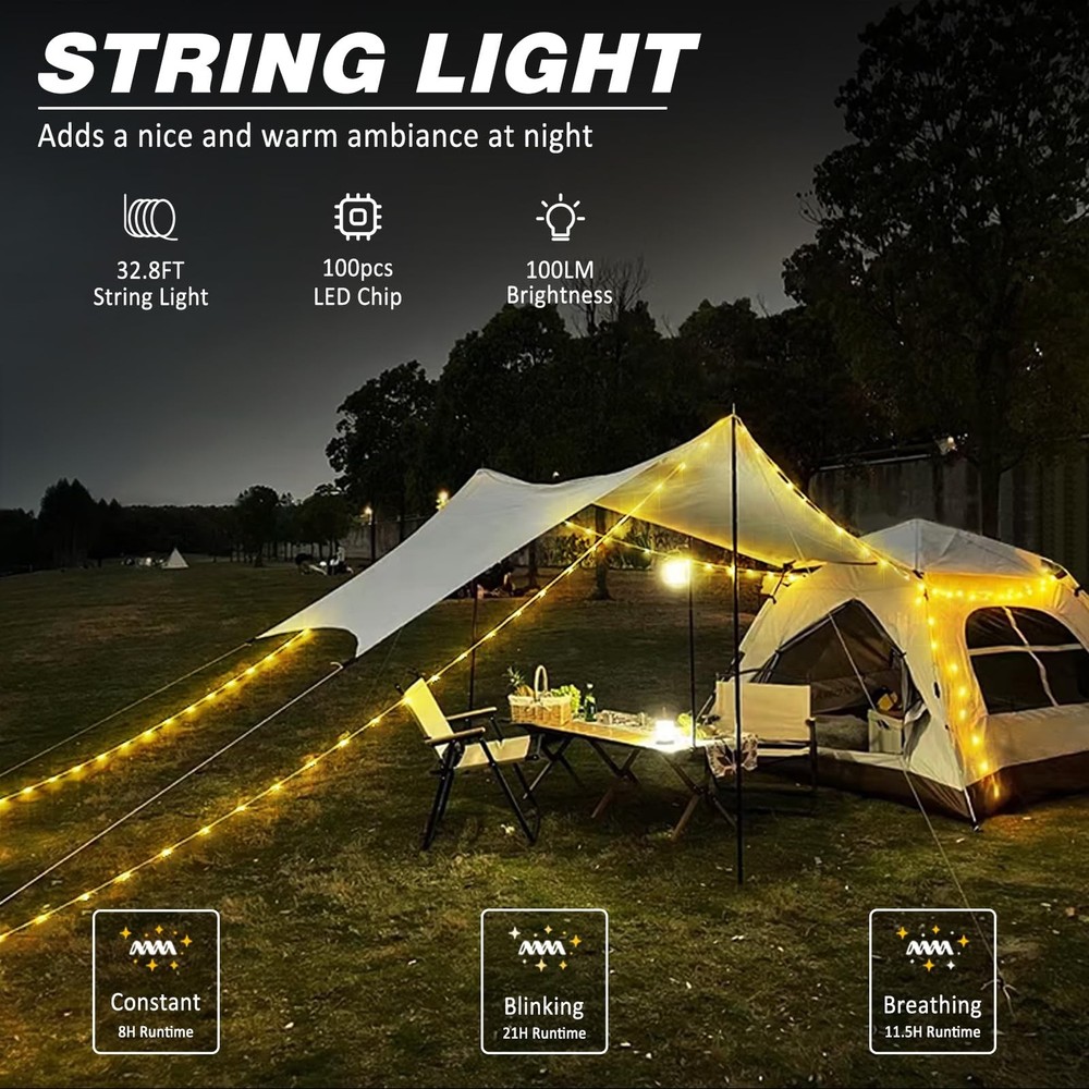 DIBMS 1-Pack Camping String Light w/Lamp, 32.8FT Rechargeable Waterproof LED ...