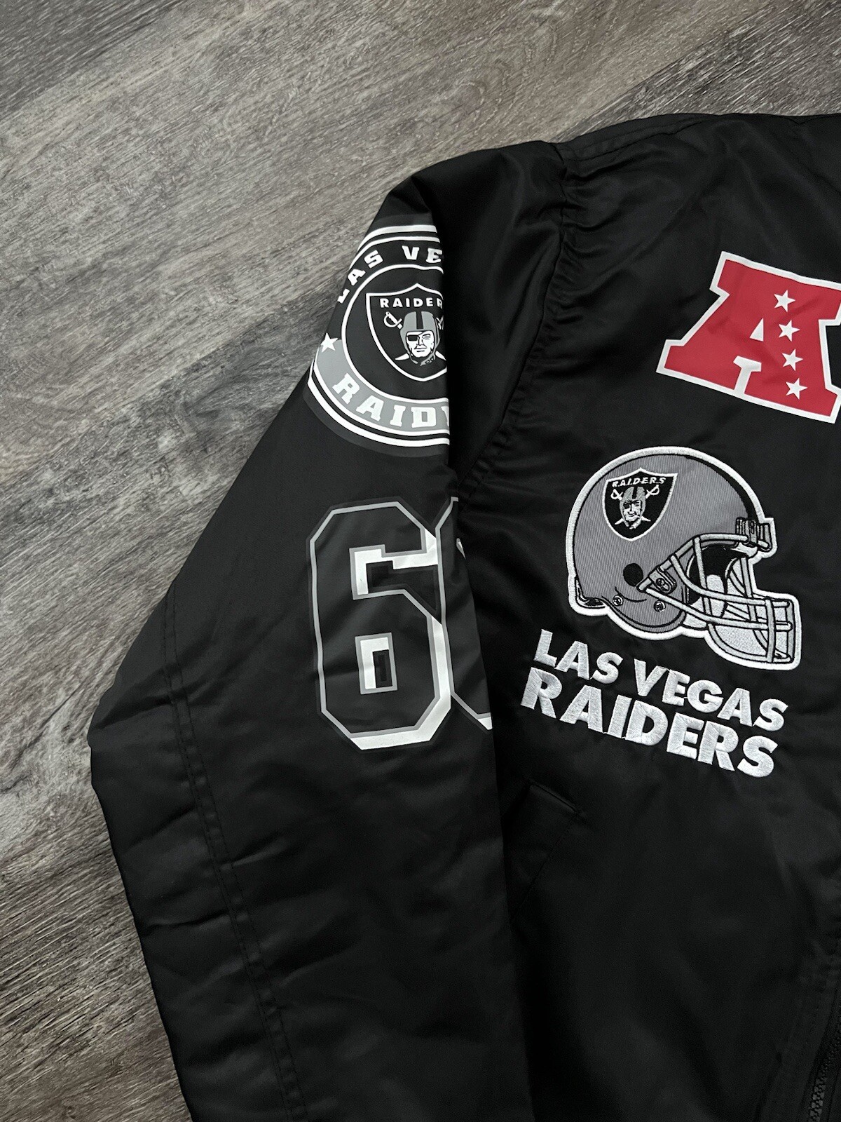 NFL Las Vegas Raider Bomber Varsity Jacket Letterman Black Grey Men sz M