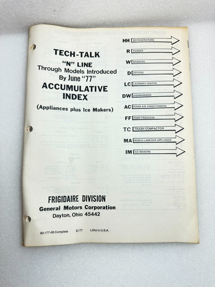 FRIGIDAIRE TECH-TALK MANUAL "N" Line Models 1977 Index