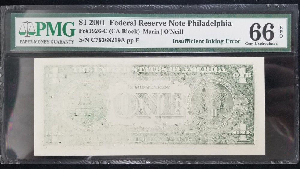 (2) 2001 $1 FRN Philadelphia Insufficient Inking Error Consecutive Serial Number