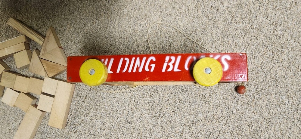 Vintage Wooden Pull Cart Building Blocks