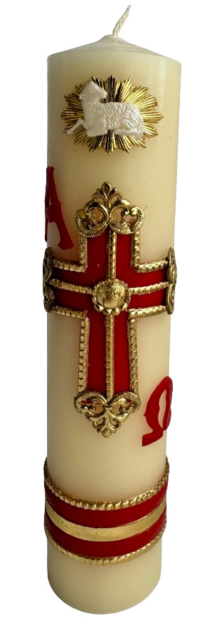 Cirio Pascual 8"x2" Cera Alfa Omega &Cruz Roja Paschal Candle Easter Lent
