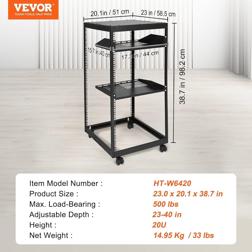 20U Adjustable Depth Server Rack, 23''-40'' - Wall/Mount Casters & Accessories