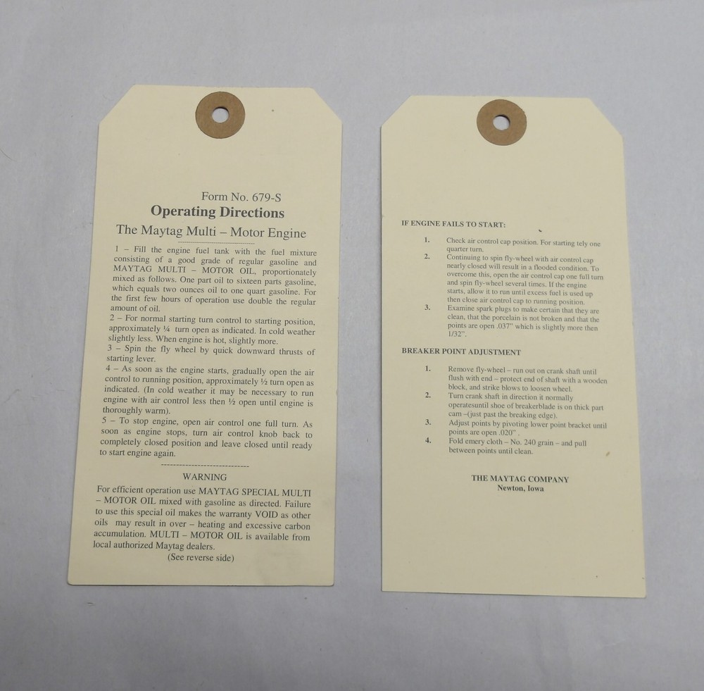 Maytag Engine model 92 & 72 Operating Directions Tag