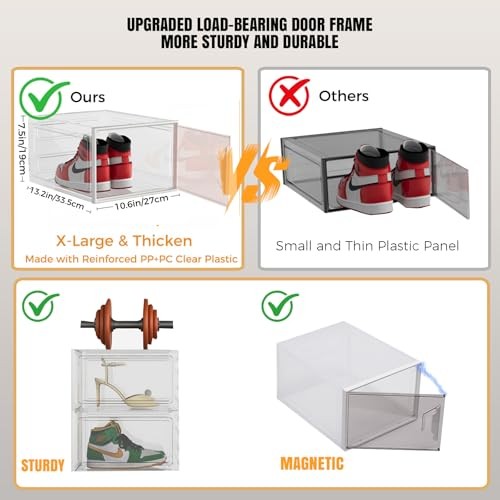 X-Large Stackable Shoe Boxes - Clear Plastic Shoe Storage Boxes 6 Pack White