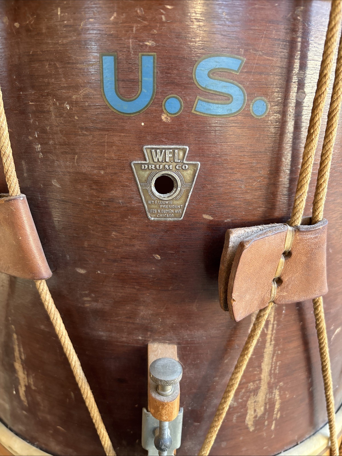 WWII U.S. MARKED WFL ROPE TENSION SNARE FIELD DRUM William F Ludwig