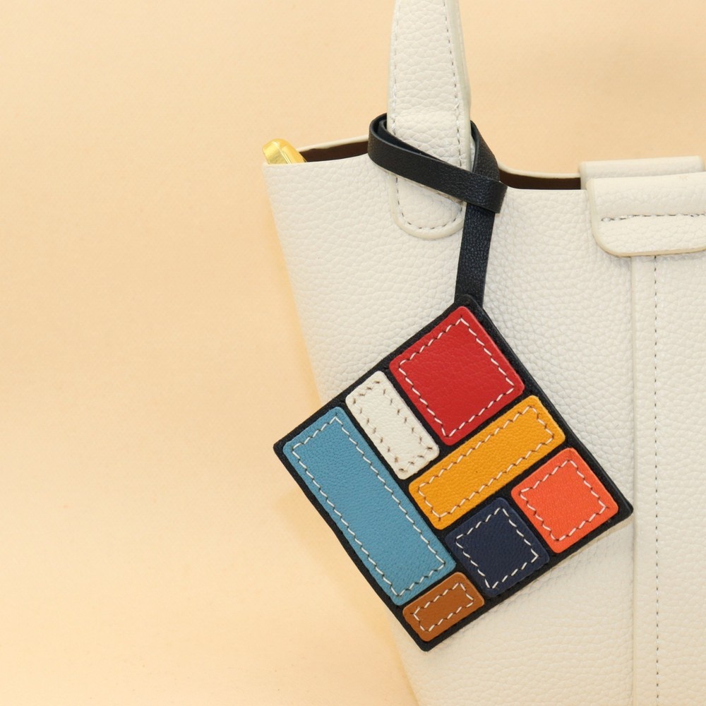 Handcrafted Multicolor Leather Geometric Art Bag Charm, Patchwork Design,Style B