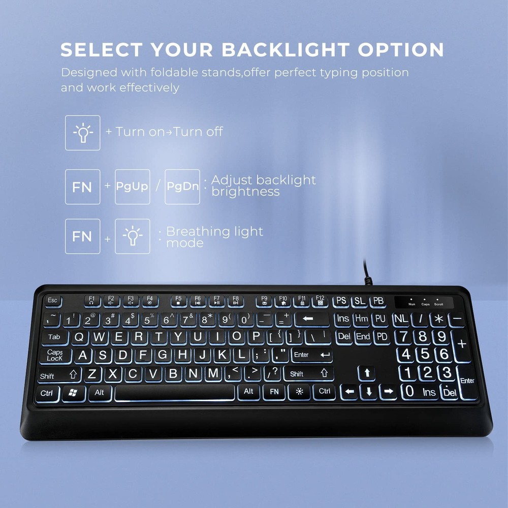 Large Print Backlit Keyboard, USB Wired Computer Keyboard, Full Size Keyboard...