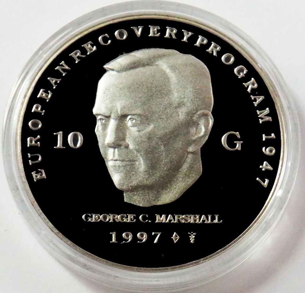 1997 SILVER NETHERLANDS 10 GULDEN PROOF MARSHALL PLANBOX COA