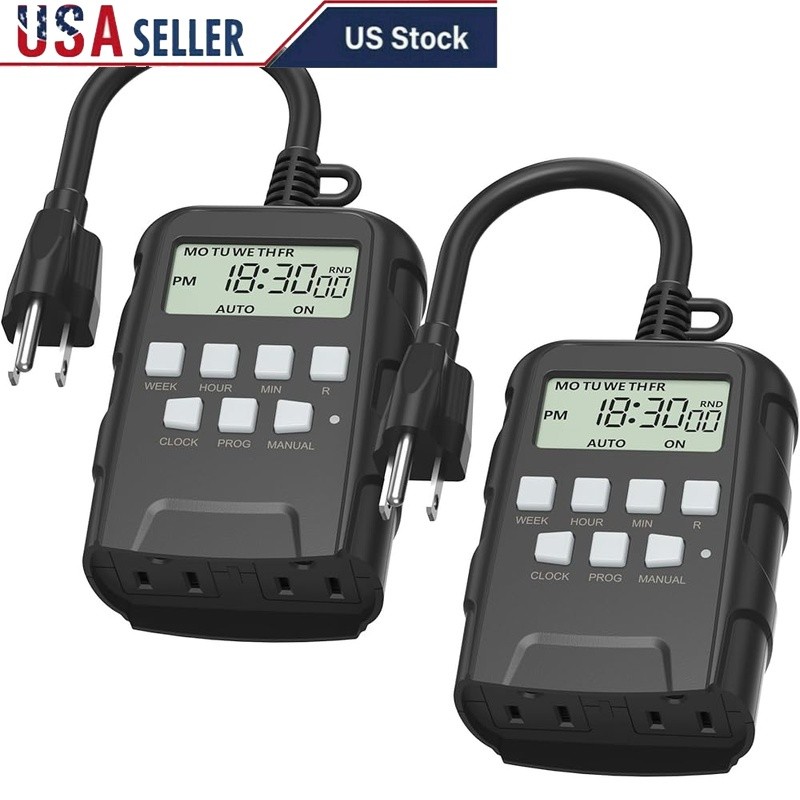Digital Outdoor Timer Dual Outlets 8 Programmable Settings Waterproof Device New