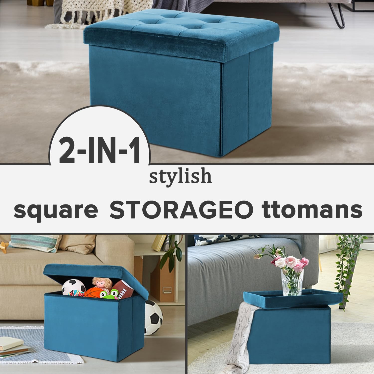 Storage Ottoman Folding Foot Stool Velvet Foot Rest with Padded Modern Ottoma...