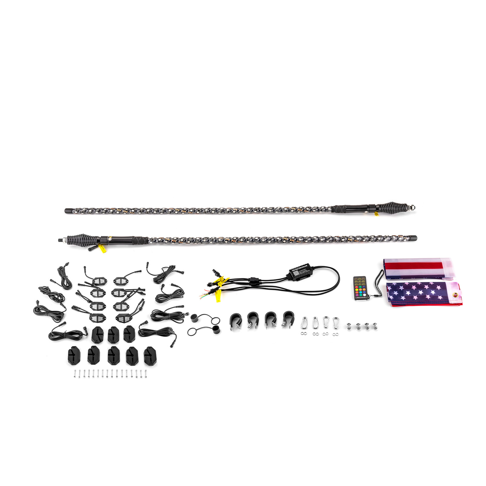 Pair 4FT Spiral RGB LED Lighted Whip Lights + 8 Pods Rock Light For ATV UTV RZR