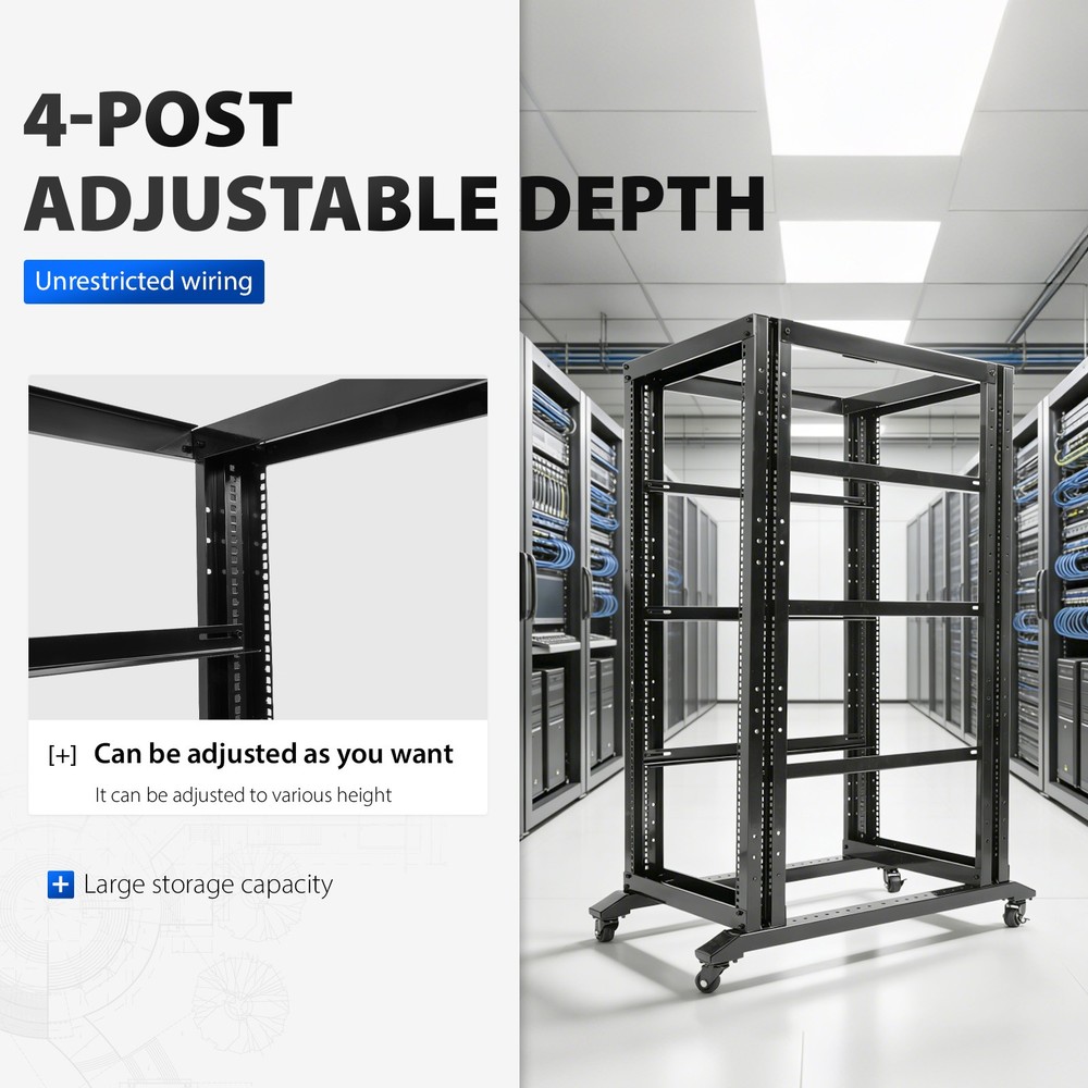 27U Open Frame Server Rack Network Enclosure w/Casters 4 Post 22" Adjustable