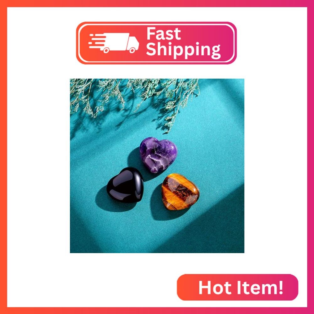 QINJIEJIE 3 PCS 1.2" Large Heart Crystals Amethyst Obsidian Tigers Eye Natural H