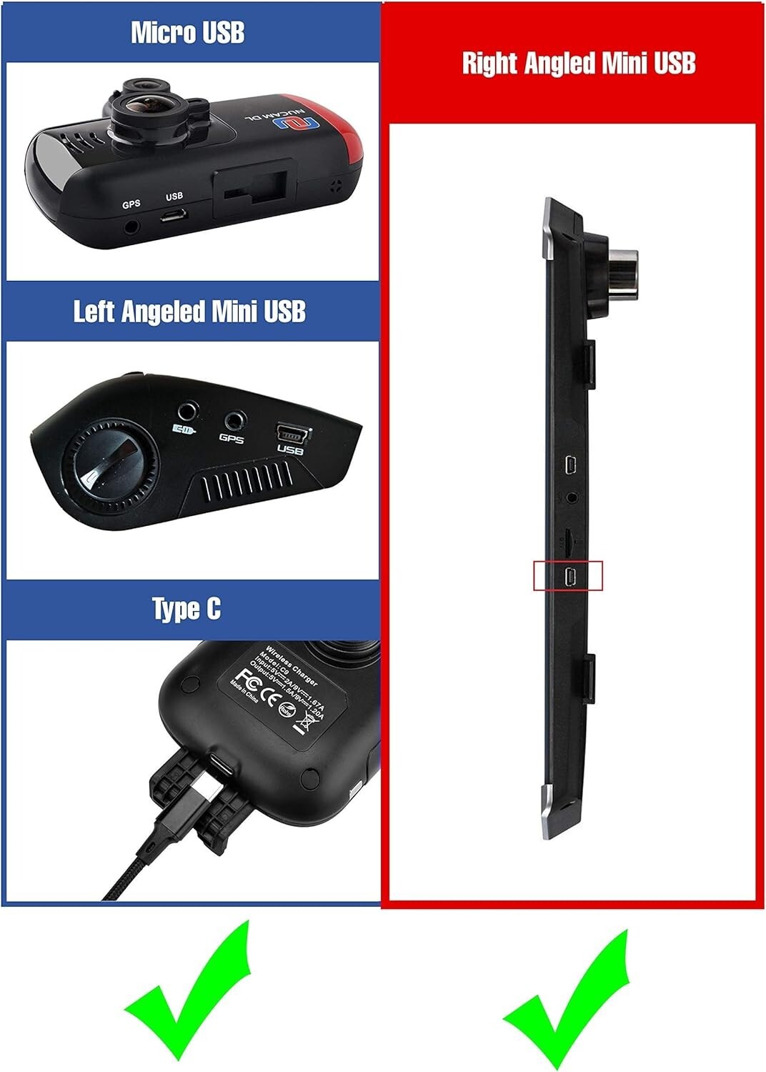 Universal Dash Cam Hardwire Kit Micro/Mini USB Type C 12-24V to 5V for Car DVR