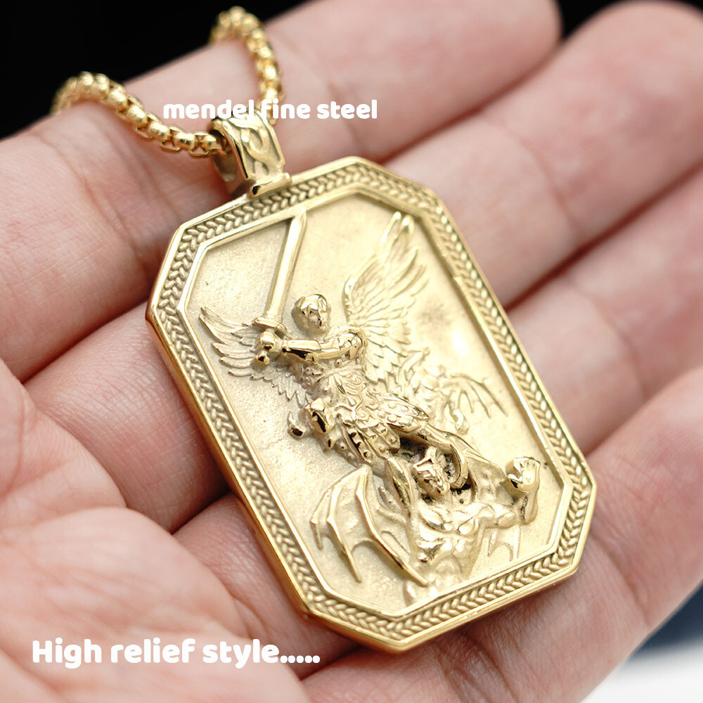MENDEL Gold Mens St Saint Michael Archangel Medal Medallion Pendant Necklace Men
