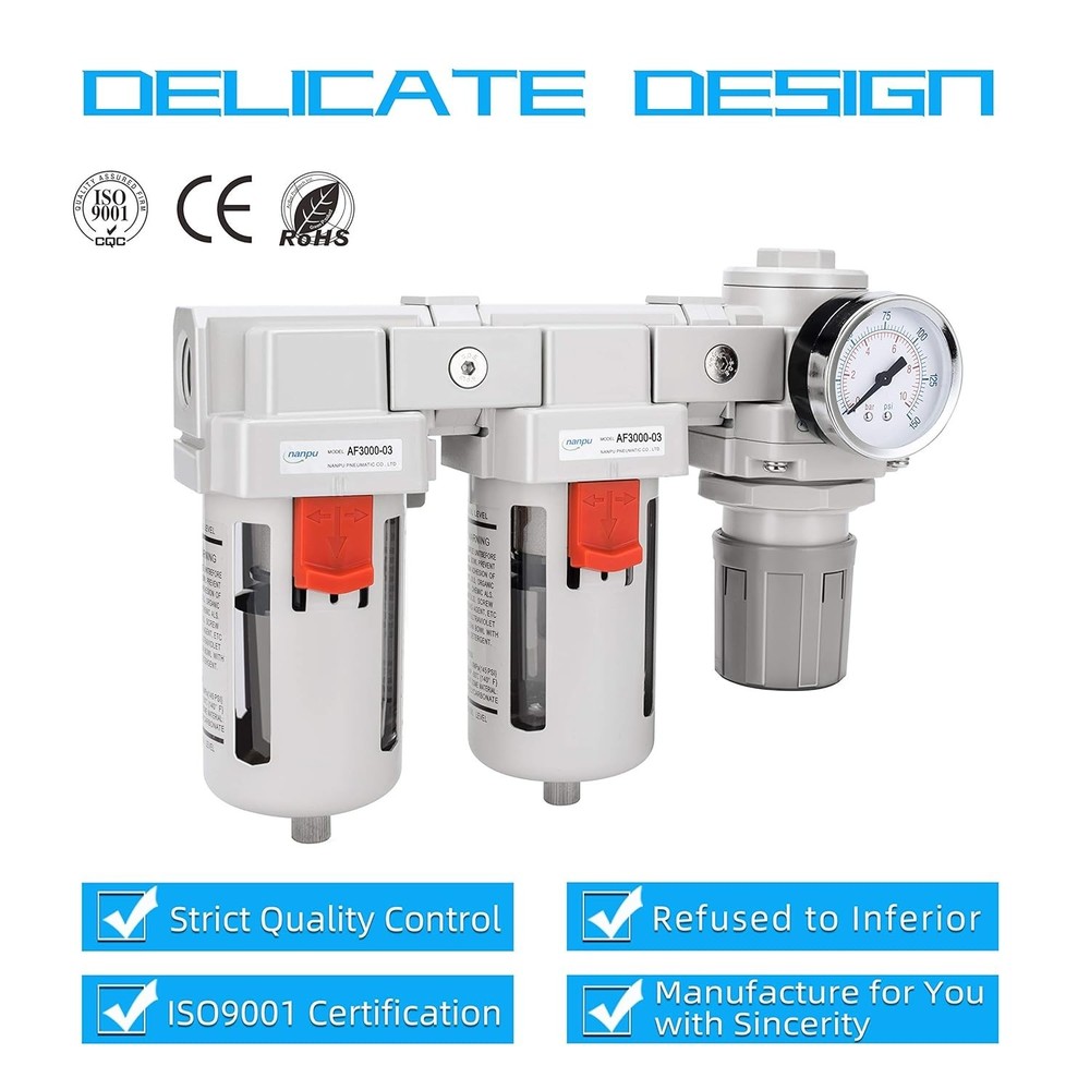 Air Drying System 3/8NPT Filter Regulator Combo Semi-Auto Drain 5 Micron