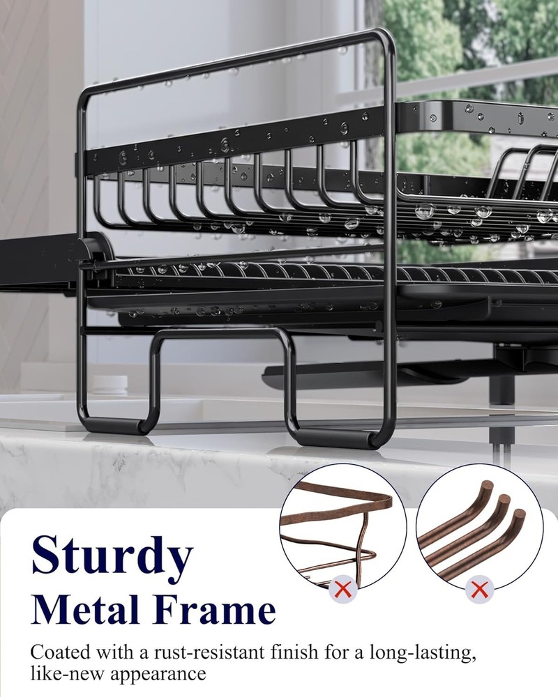 Extendable Dish Drying Rack Adjustable Length 12.8"–21.0" Auto-Draining Dish