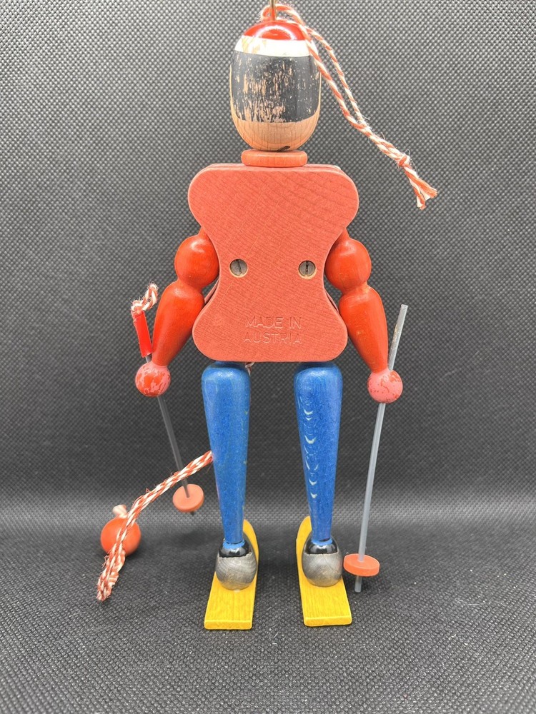 Vintage Wood Pull String Skiing Boy Puppet Austria Jumping Jack READ