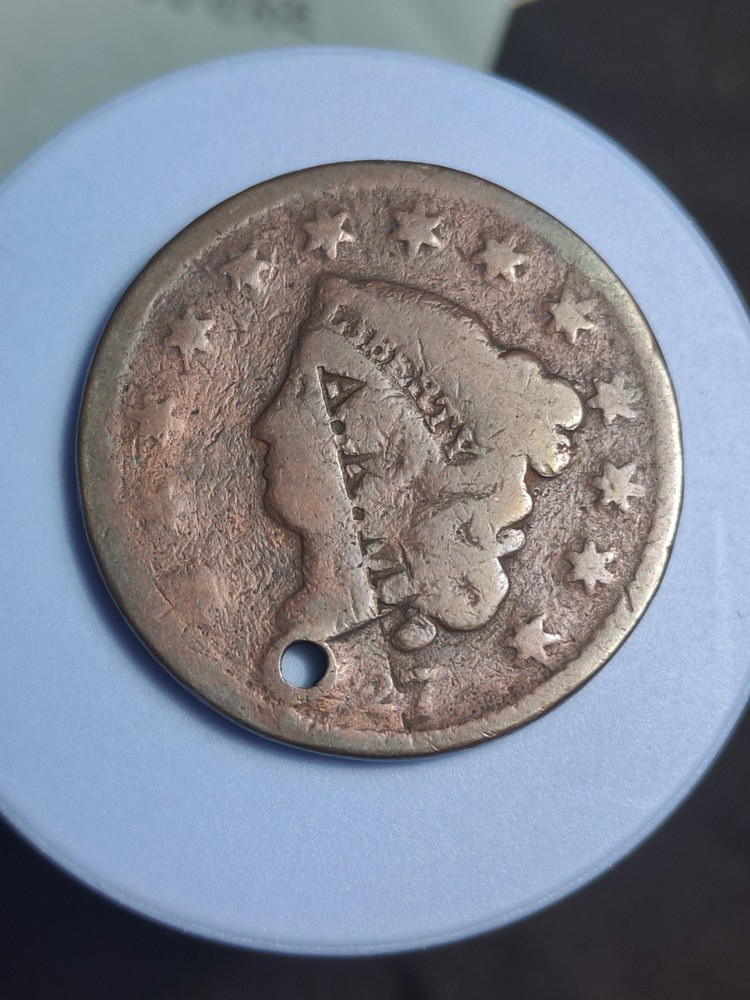 1827 Large Cent Holed Counterstamped #677