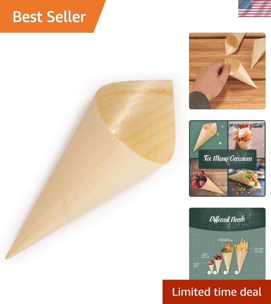 Versatile 5" Disposable Appetizer Cones - 100 Pack of Rustic Pine Wood Elegance