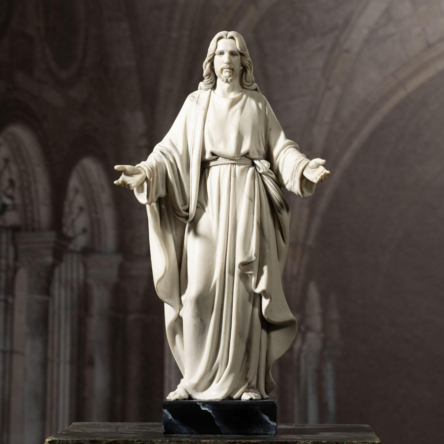 12” Jesus Statue Marble Effect Open Arms Christian Home Décor Resin Figure