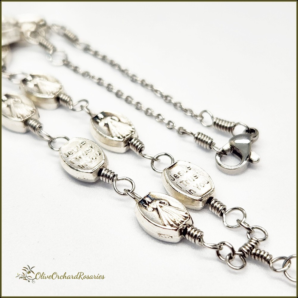 Handmade Divine Mercy Silver Oxidized Metal Beads Rear View Mirror Rosary