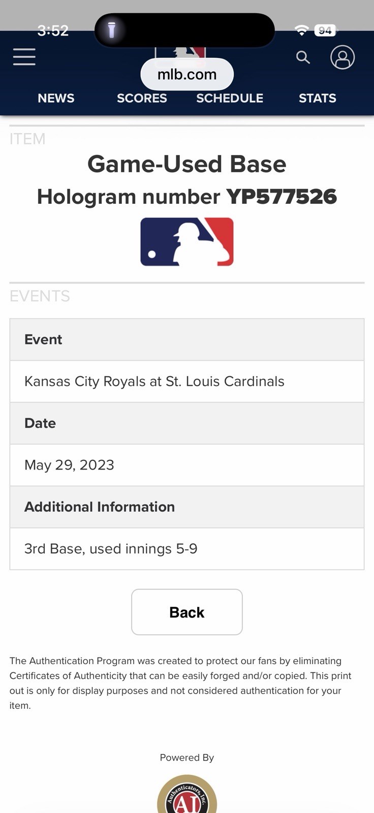 Bobby Witt Jr. Game Used HR Base #30 Career Home Run Kansas City Royals MLB Auth