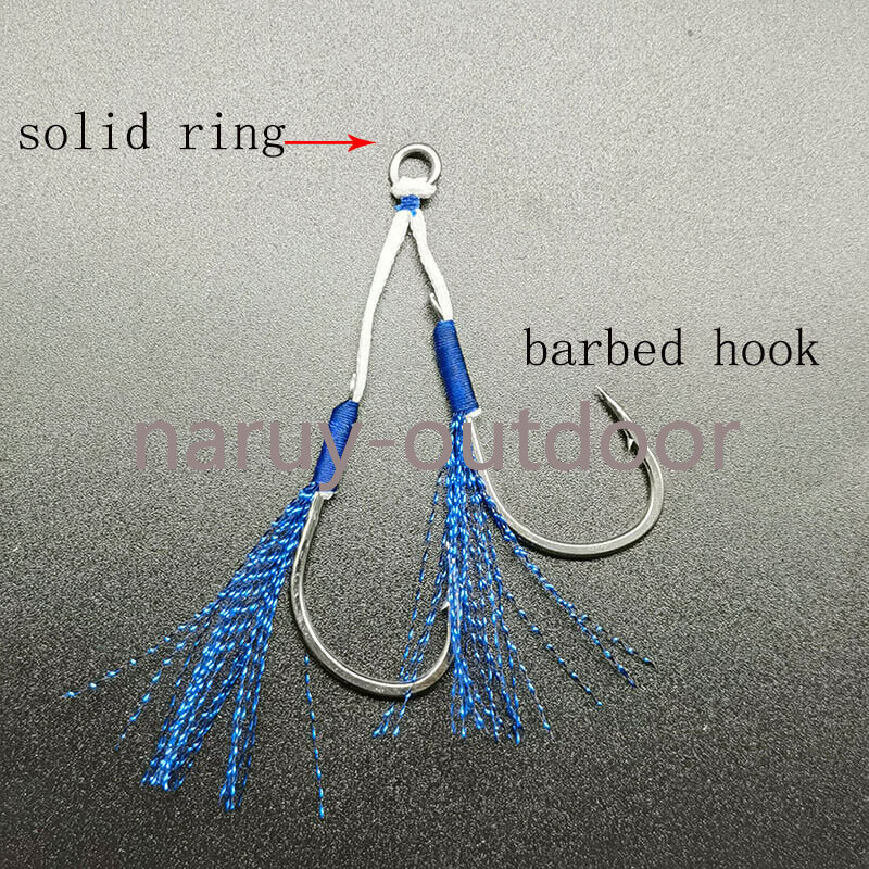 20 Pair Solid Ring Double Assist Barbed Hooks Blue Feather Fishing Slow Jig