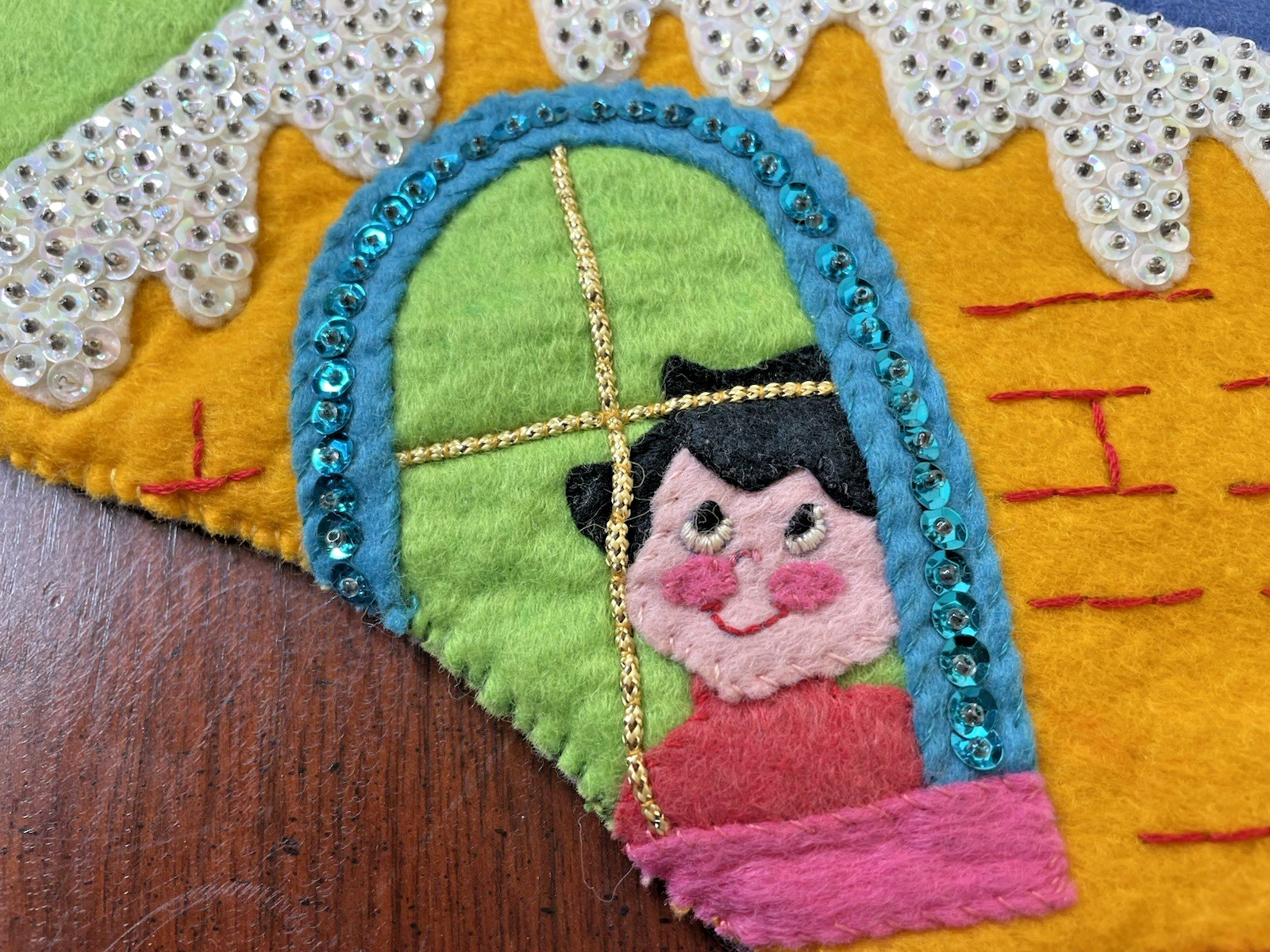 Vintage Name Rachel 3D Santa Claus Trumpet Music Bear Beaded Christmas Stocking