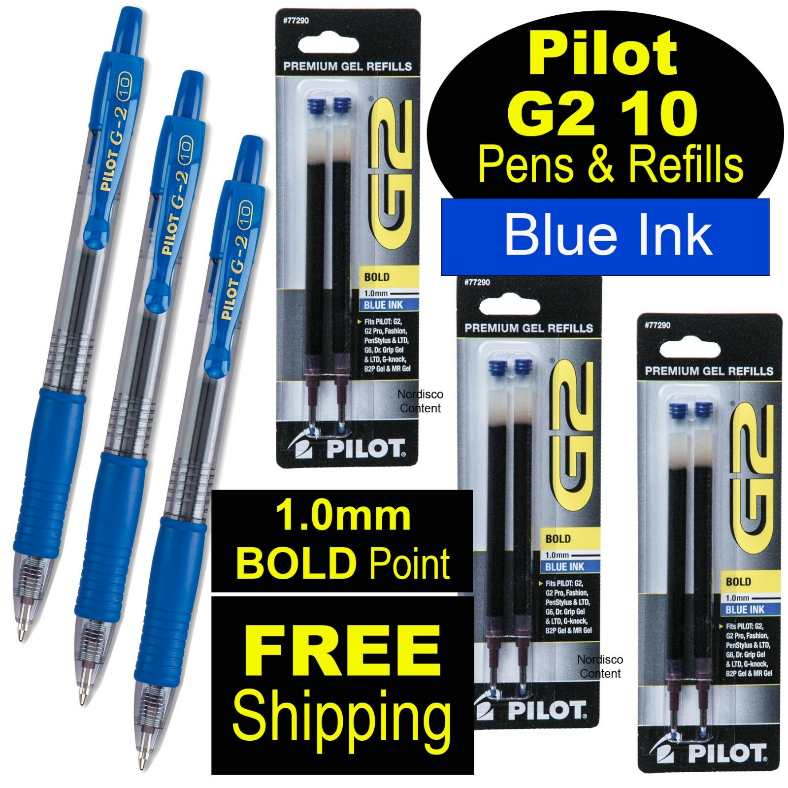Pilot G2 10 Blue, 1.0mm Bold Point, Blue Gel Ink Rollerball Pens & Refills