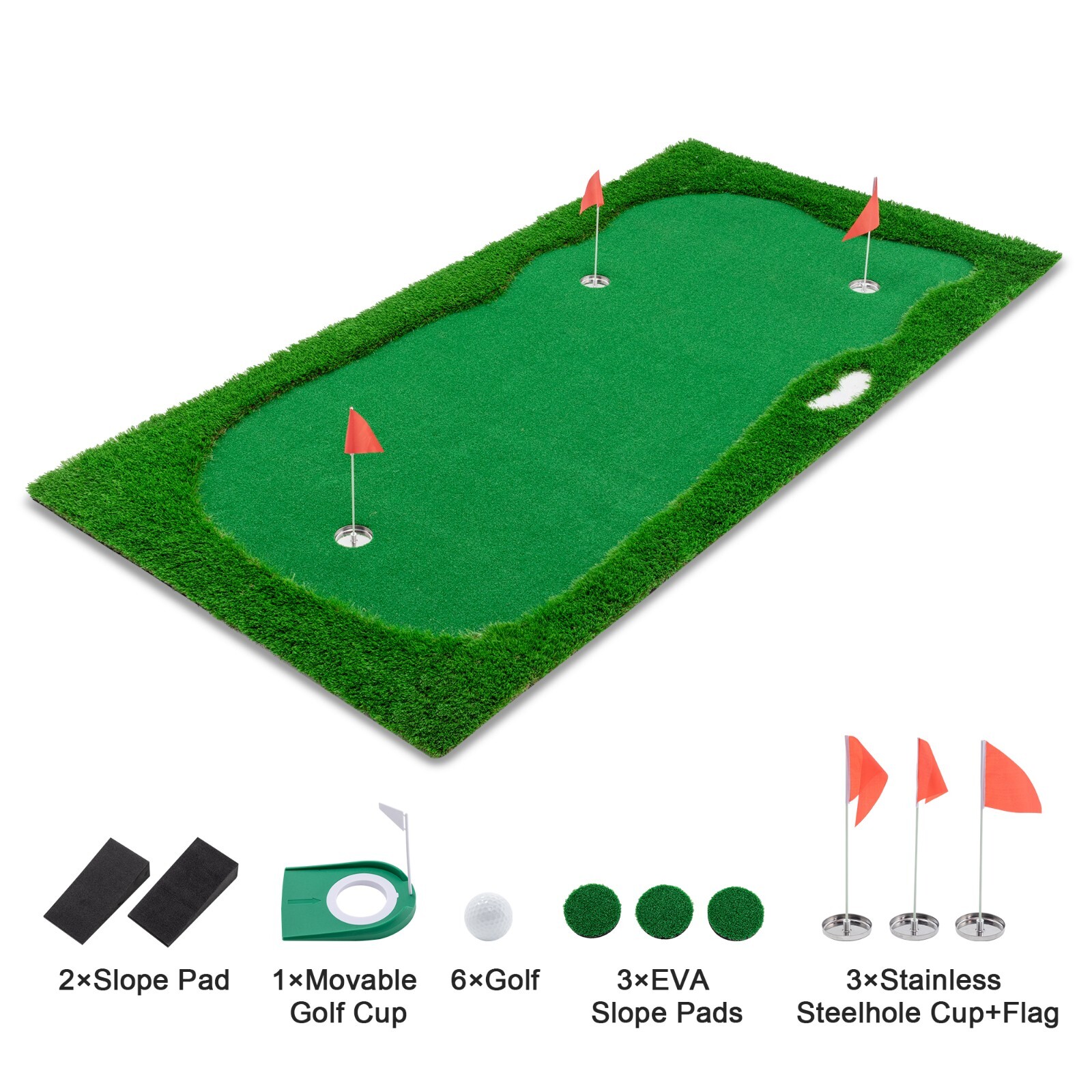 10x5ft Golf Training Mat Putting Green Turf 3 Holes 3 Flags Cups Indoor Outdoor