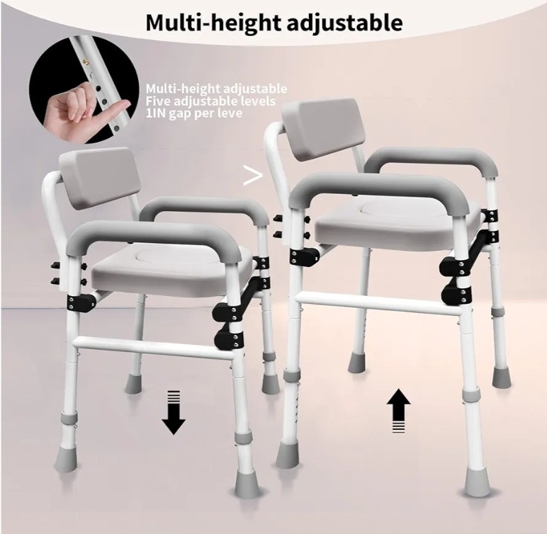 Adjustable Medical Bedside Commode Chair with Padded Backrest, Arm Support,...