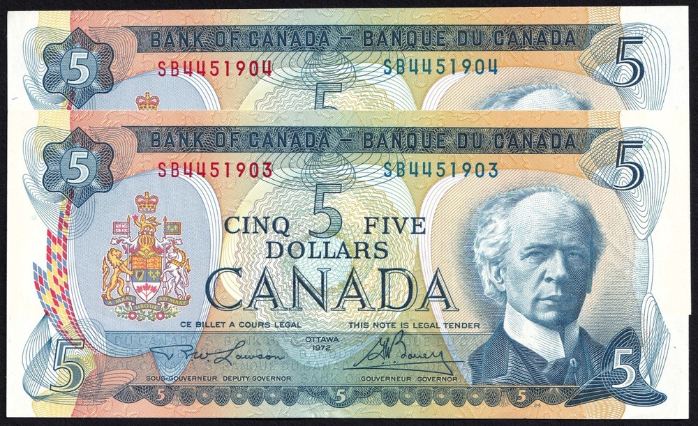2x Consecutive Canada 1972 $5 Five Dollar Banknotes Lawson - Bouey