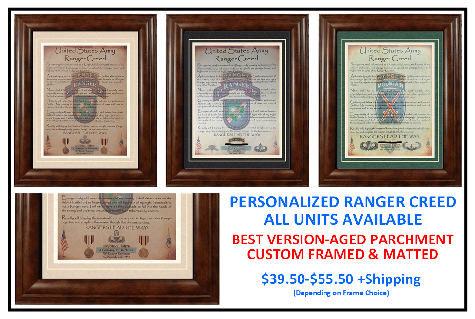 MC-NICE: ARMY Ranger Creed ALL UNITS Framed PERSONALIZED