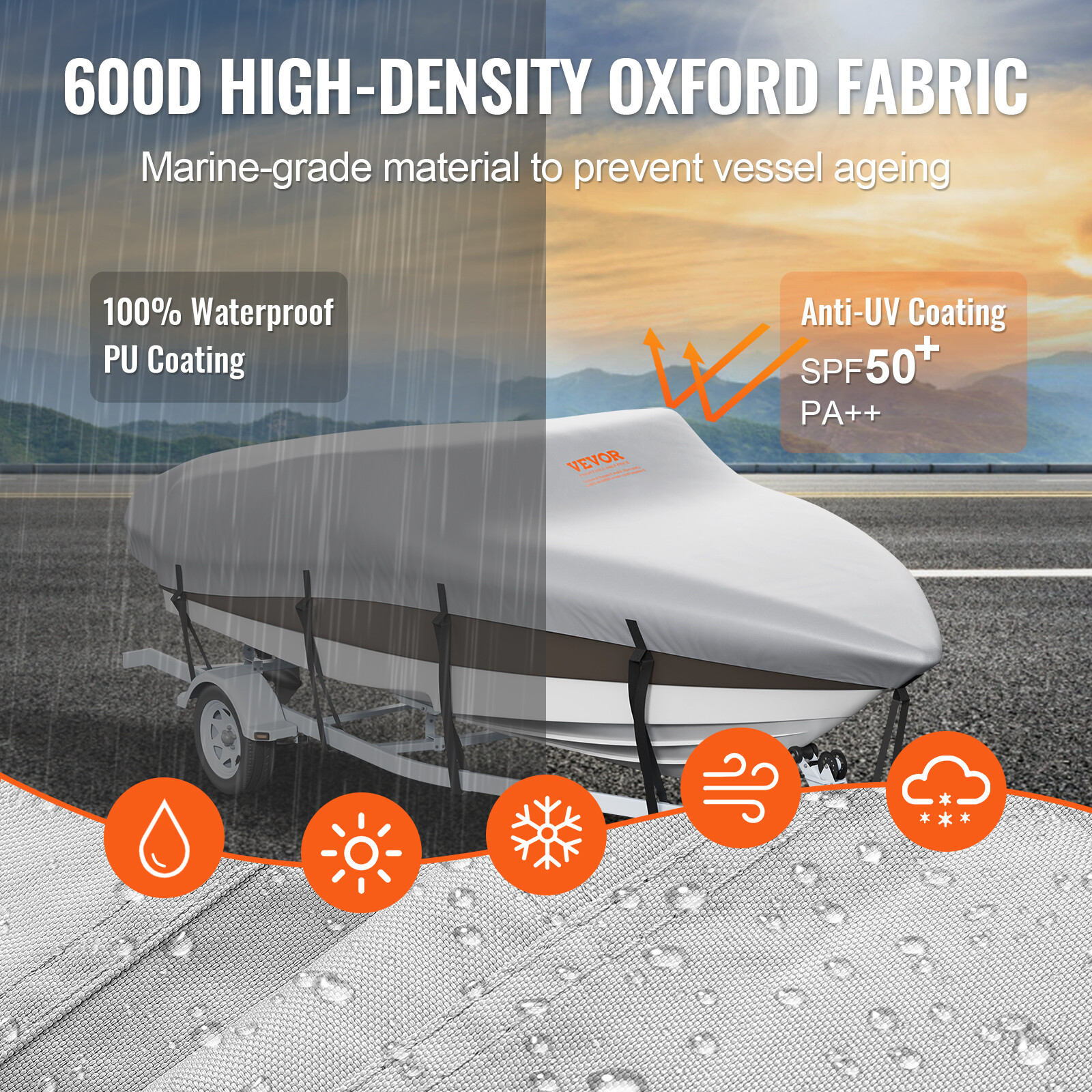 VEVOR Boat Cover 600D Waterproof 17-19 ft Boat Cover V-Hull Tri-Hull Runabout