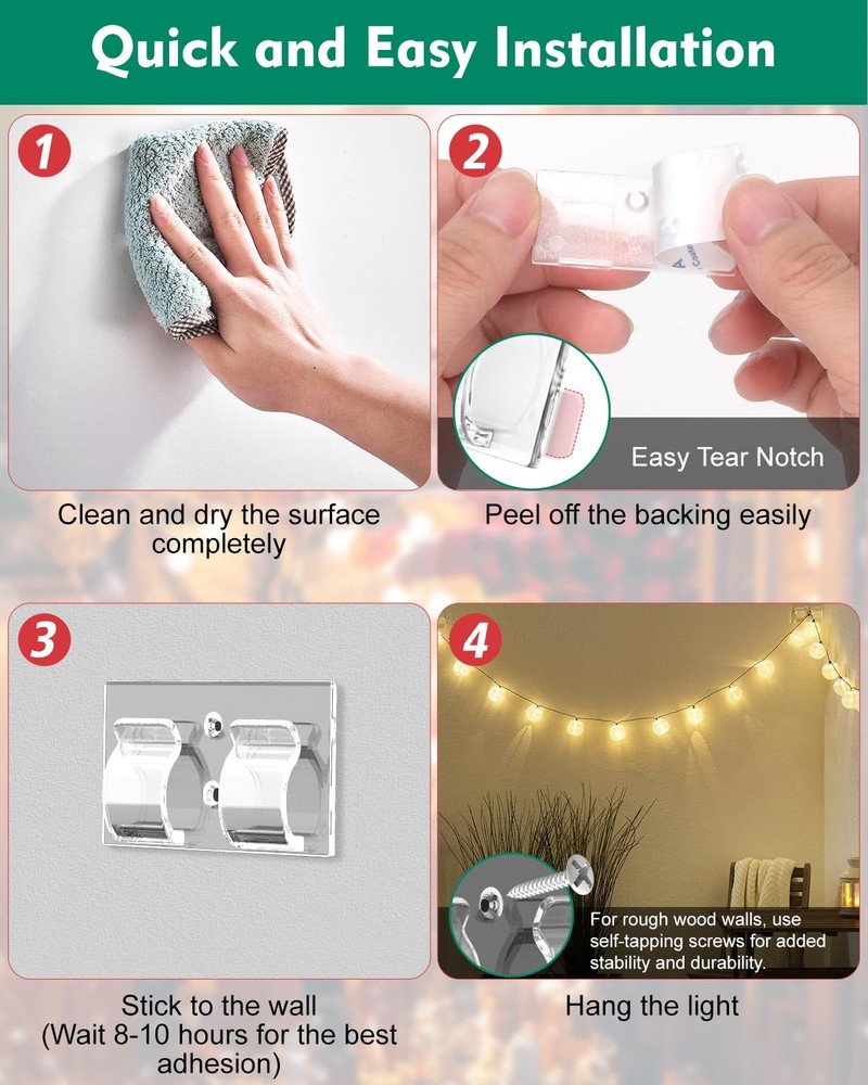 30Pcs Transparent Outdoor String Light Hooks - Weather Resistant Adhesive Clips
