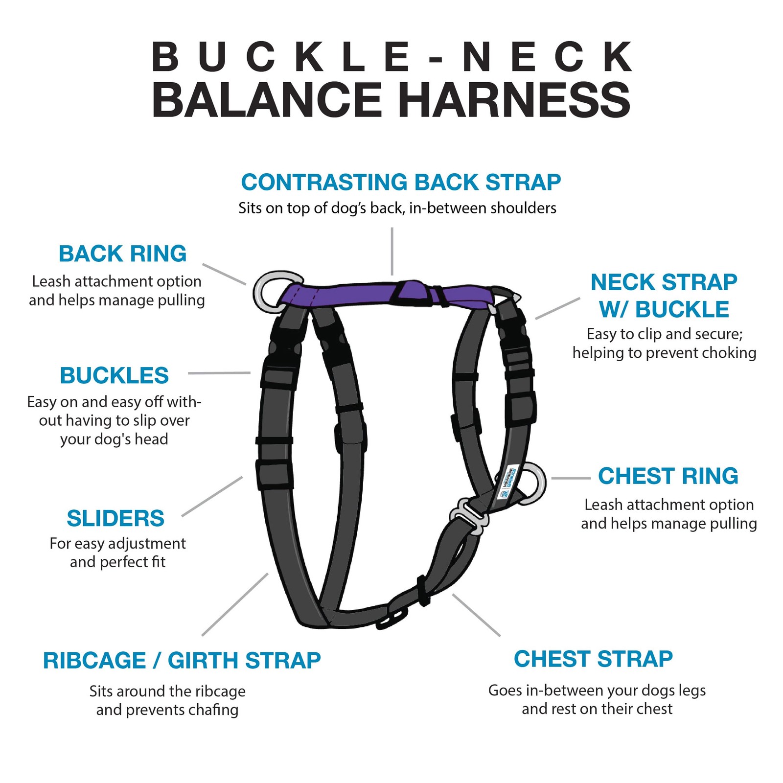 Blue-9 Buckle-Neck Balance Harness, Fully M (Ribcage: 21"-32"), Purple