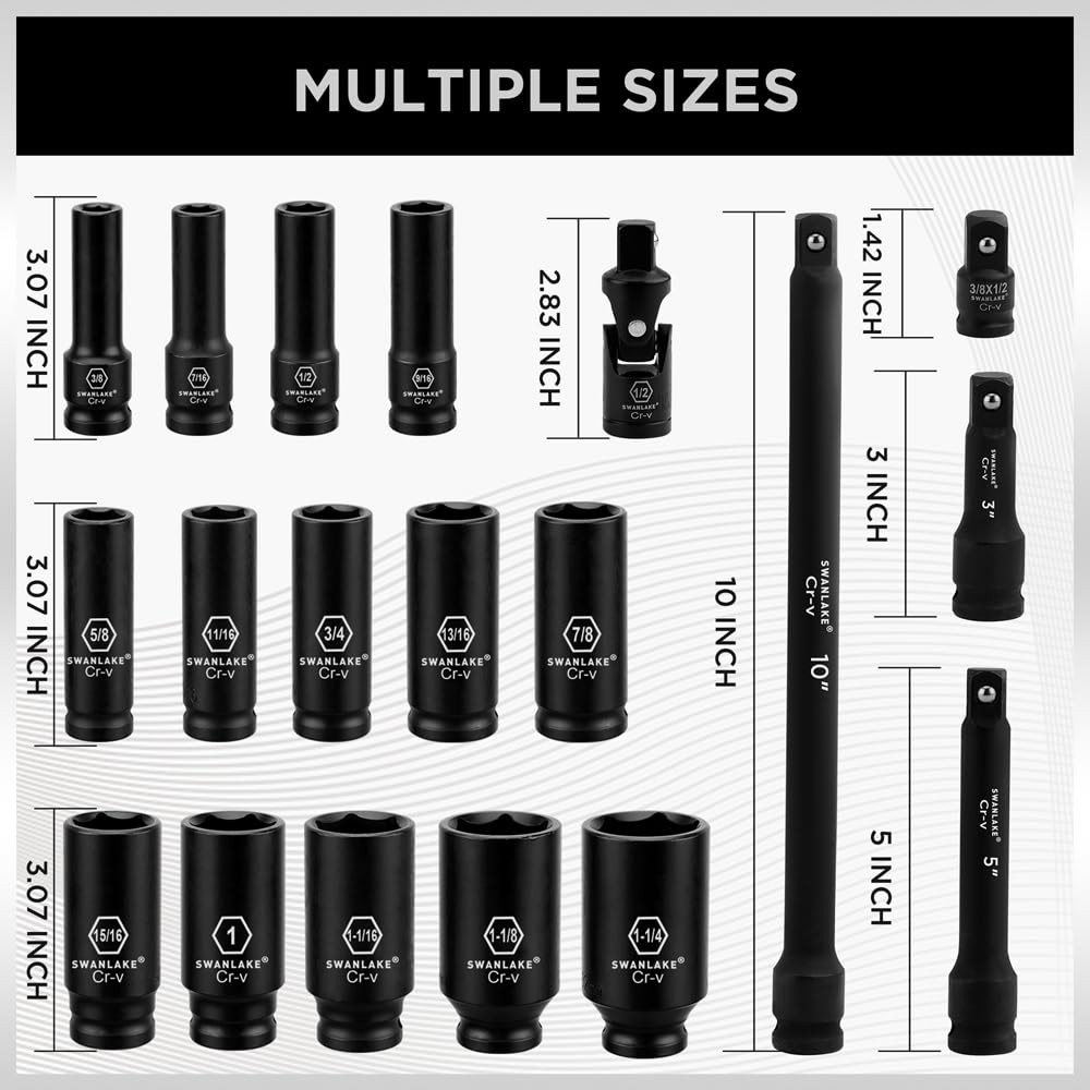 1/2" Impact Socket Set 19-Piece, 6 Point, SAE, CR-V | Easy Storage &