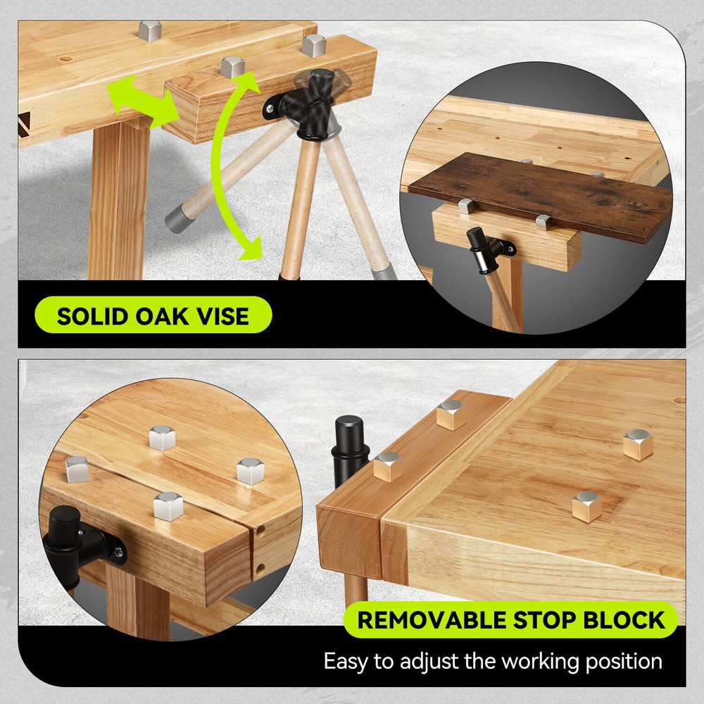 Heavy Duty Rubber Wood Workbench Work Desk w/ 2 Adjustable Rotating Handles