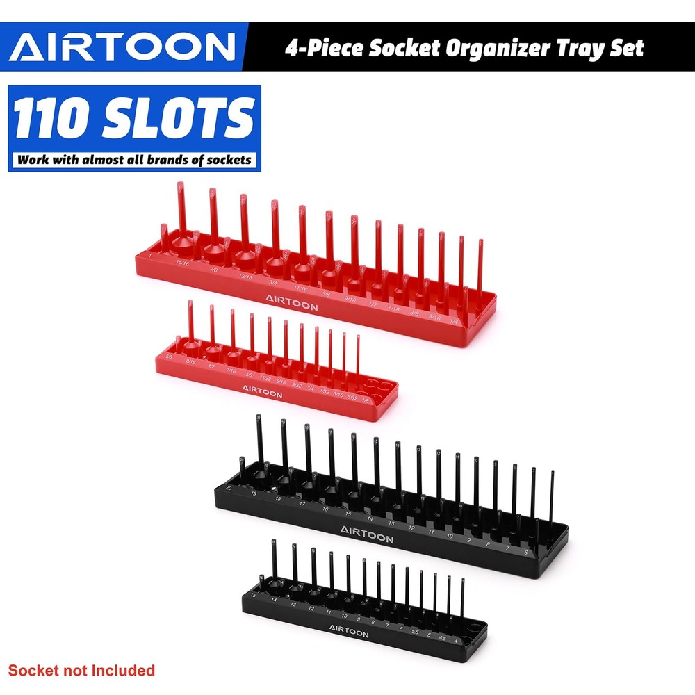 4-Piece Socket Organizer Set - SAE & Metric Holders for Toolboxes, Black & Red