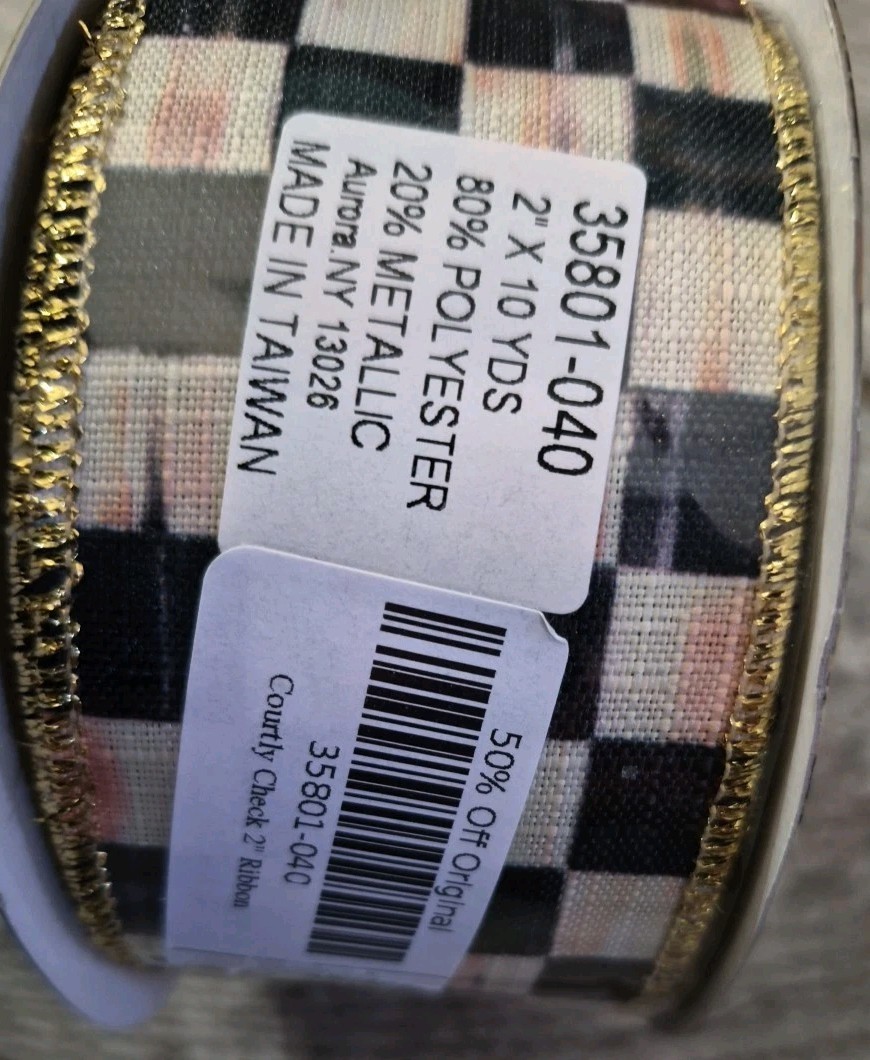 Mackenzie Childs Gold Courtly Check Ribbon 2"x10yards- New