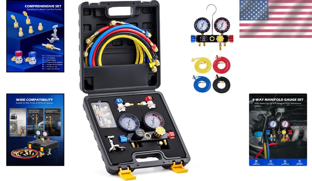 Durable 4 Valve AC Manifold with Color-Coded Hoses & Complete Adapter Kit