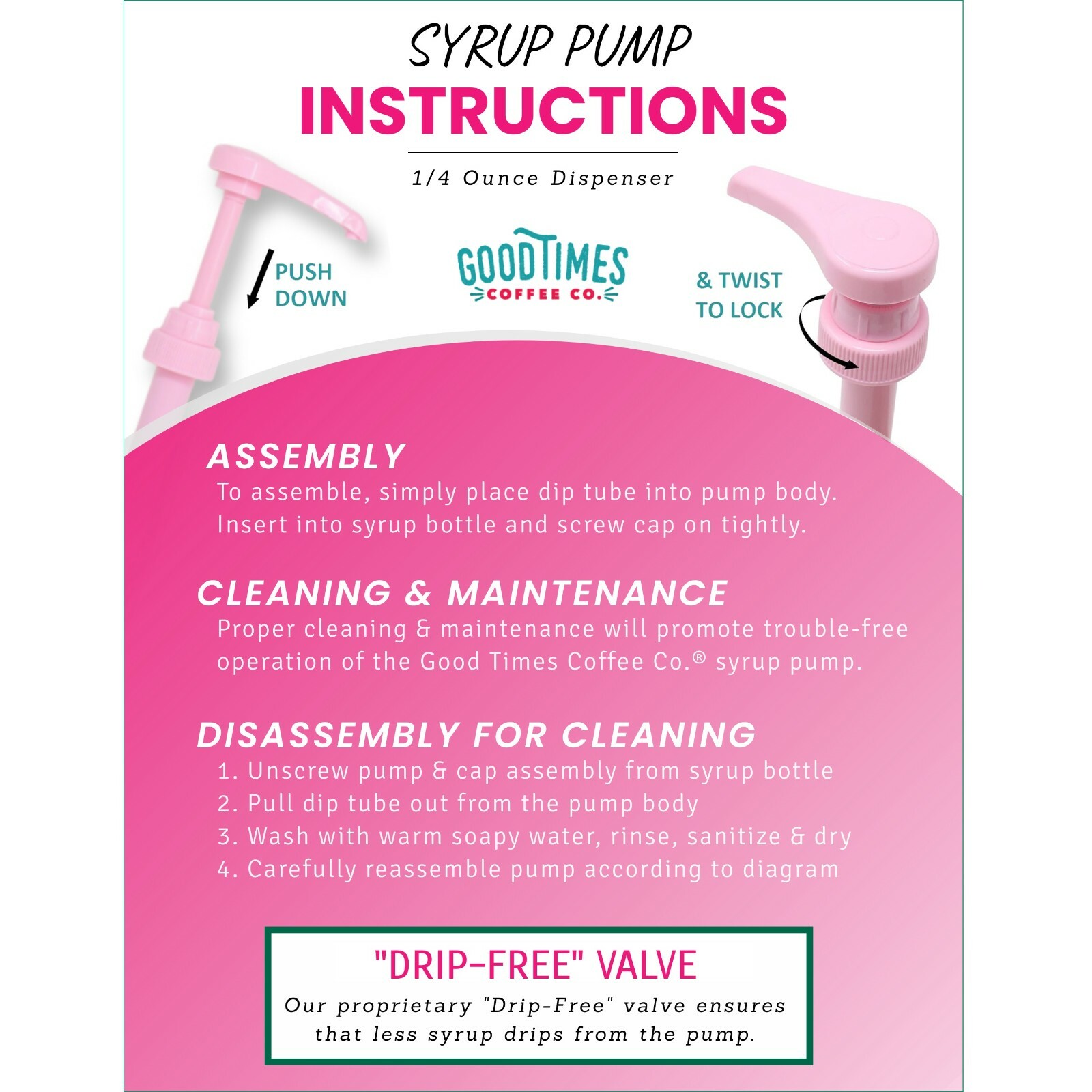 Pink Coffee Syrup Pump for 750 ml Bottles (Pack of 2) Fits Torani and more