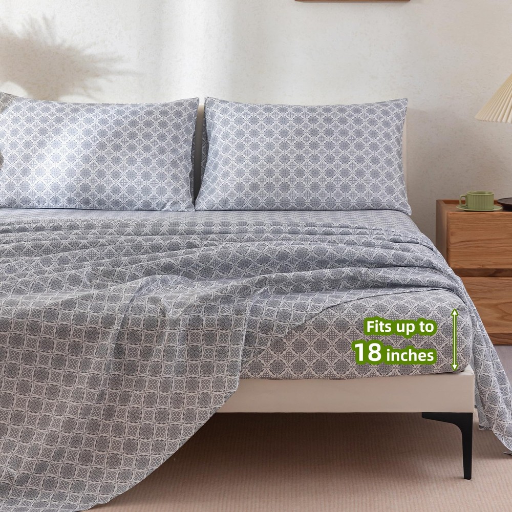 Bed Sheets Queen Size 18” Deep Pocket Queen Sheets Soft Breathable Geometric ...