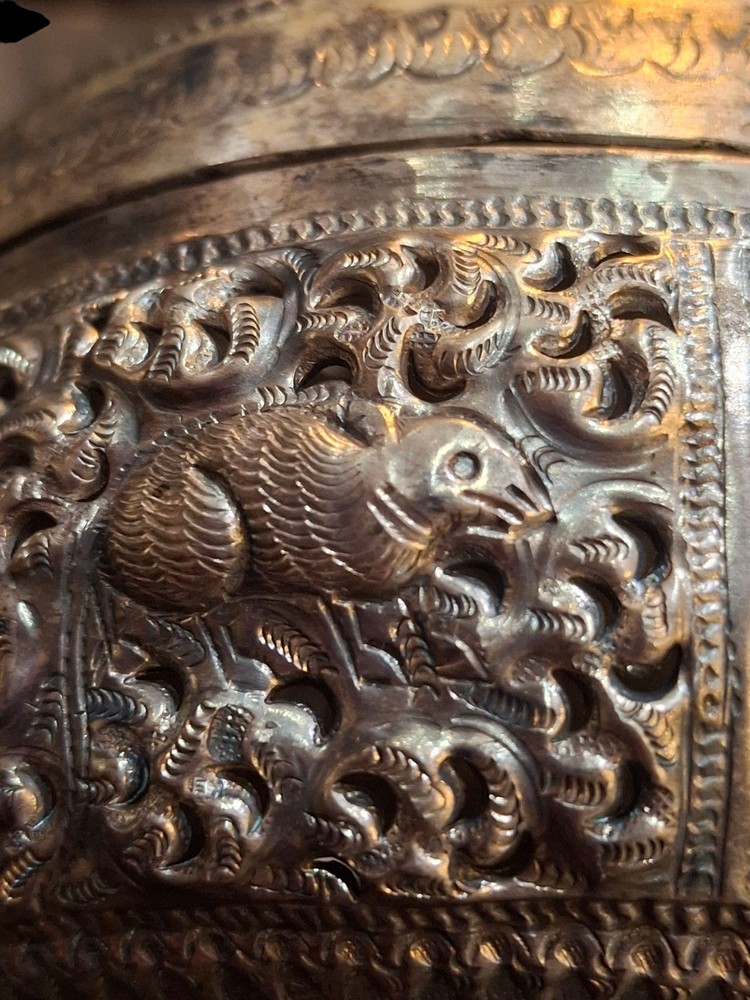 Antique Burmese Silver Tone "Thabeik" Locking Casket Hinged Container Marked...