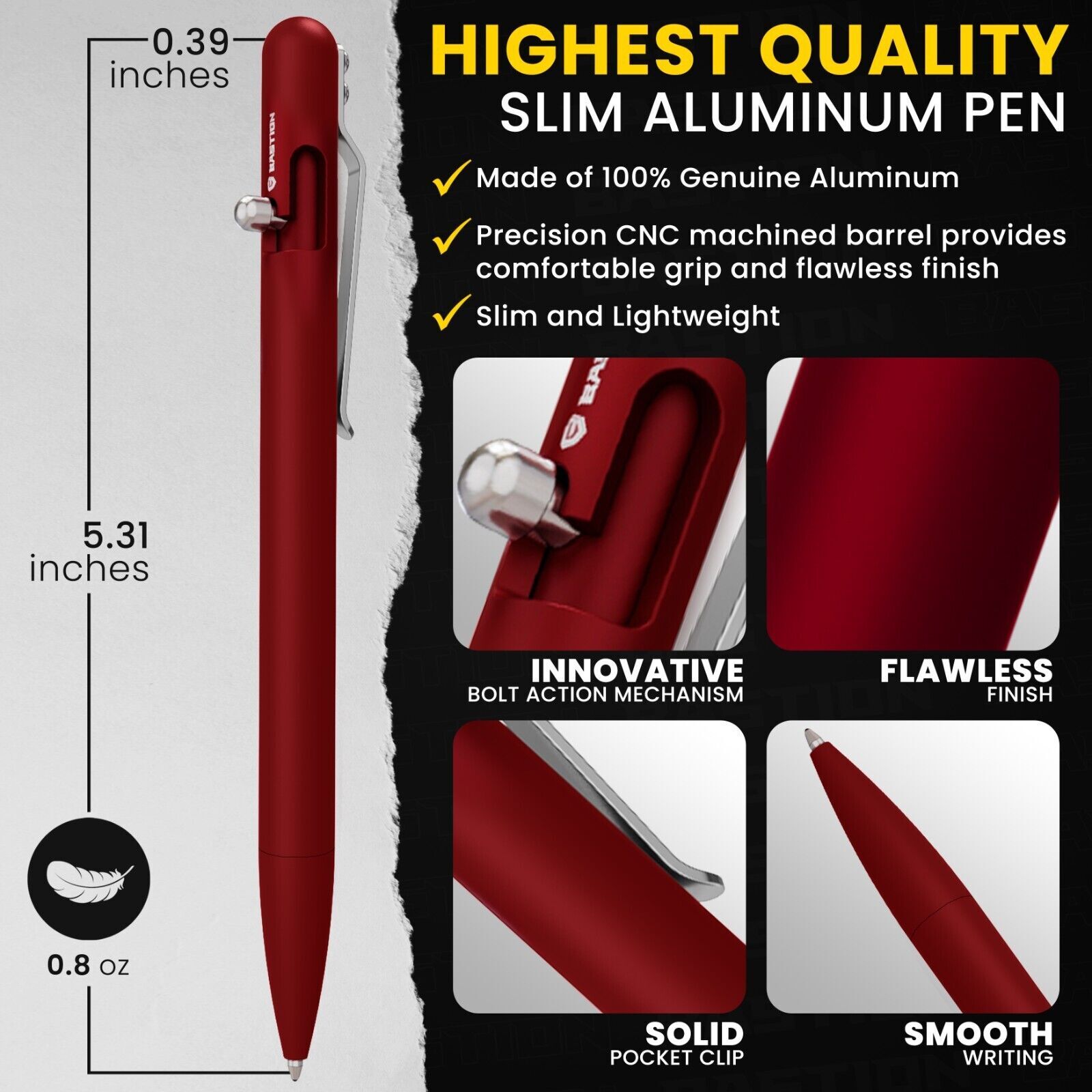 BASTION BOLT ACTION PEN ALUMINUM RED Metal Slim Body Luxury EDC Ballpoint Pens