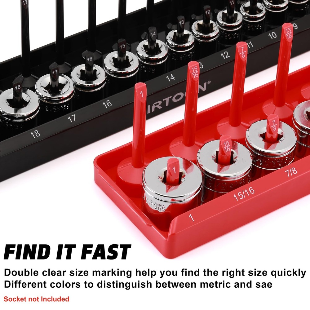 4-Piece Socket Organizer Set - SAE & Metric Holders for Toolboxes, Black & Red